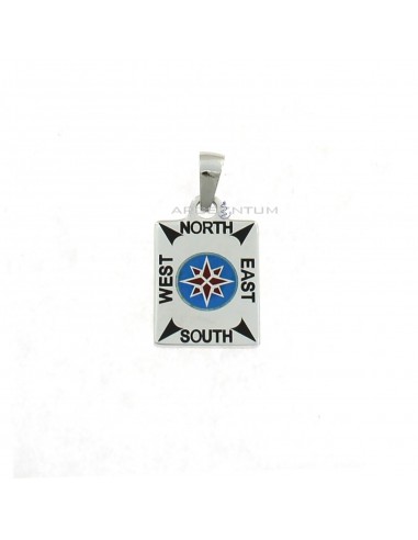 White gold-plated rectangular medal pendant with red enameled compass rose on a blue enameled base and black enameled cardinal points in 925 silver
