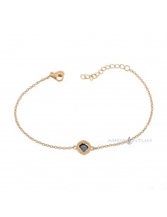 Rose gold plated forced link bracelet with central diamond ring and black heart zircon in 925 silver