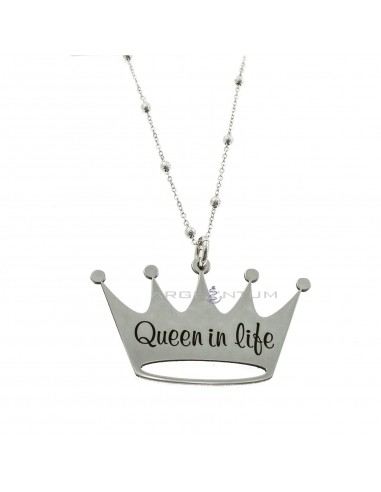 Collana maglia forzatina con pallina diamantata alternata da 3,5 mm. in acciaio e corona a lastra con scritta "Queen in life" incisa