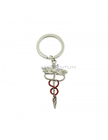 Caduceus key ring in bronze with red enamel detail