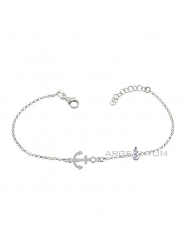 White gold plated rolo link bracelet with central plate anchor in 925 silver