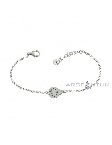 White gold plated diamond rolò mesh bracelet with engraved ladybug on central plate in 925 silver
