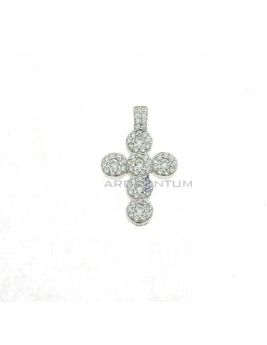 Ciondolo croce placcato oro bianco con zirconi tondi e contromaglia fissa zirconata in argento 925