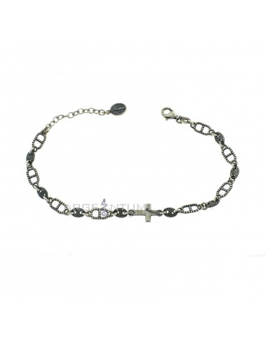 Ships mesh bracelet alternating with marine mesh with central cross in 925 burnished silver