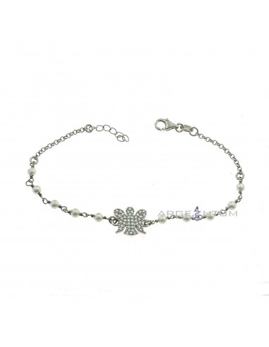 White gold plated bracelet with 3.5 mm pearls. and central zircon angel in 925 silver