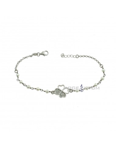 White gold plated bracelet with 3.5 mm pearls. and central semi-zircon and semi-pierced four-leaf clover in 925 silver