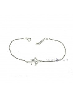 2 mm pop corn mesh bracelet. white gold plated with anchor with zircon rope in 925 silver