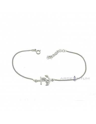 2 mm pop corn mesh bracelet. white gold plated with anchor with zircon rope in 925 silver
