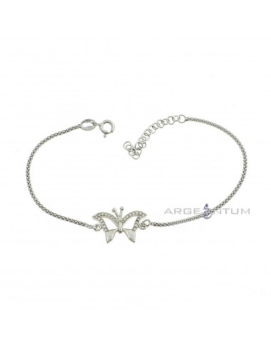 2 mm pop corn mesh bracelet. white gold plated with semi-zircon perforated butterfly in 925 silver
