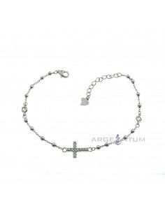 White gold plated 2.5 mm smooth sphere rosary bracelet with white zirconed mysteries and cross in 925 silver