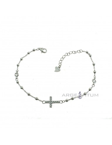 White gold plated 2.5 mm smooth sphere rosary bracelet with white zirconed mysteries and cross in 925 silver