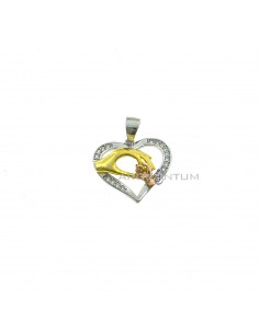 Semi-zircon white gold plated heart pendant with yellow and pink gold plated hands in 925 silver