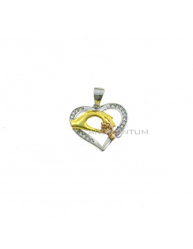 Semi-zircon white gold plated heart pendant with yellow and pink gold plated hands in 925 silver
