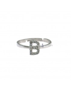 White gold plated adjustable ring with central zircon letter "B" in 925 silver