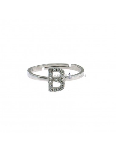 White gold plated adjustable ring with central zircon letter "B" in 925 silver