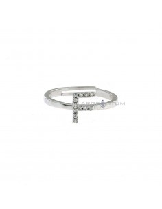 Adjustable white gold plated ring with central zircon letter "F" in 925 silver