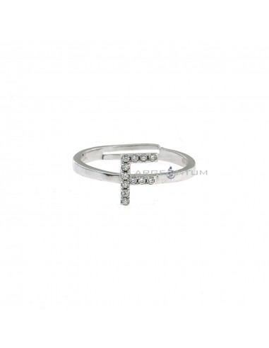 Adjustable white gold plated ring with central zircon letter "F" in 925 silver