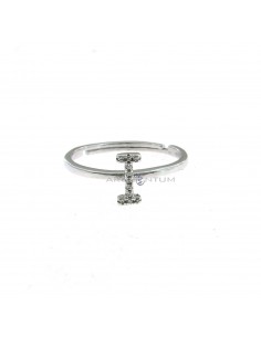 White gold plated adjustable ring with central zircon letter "I" in 925 silver