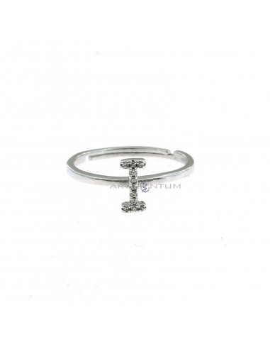 White gold plated adjustable ring with central zircon letter "I" in 925 silver