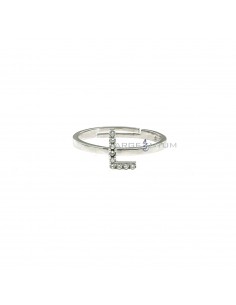 White gold plated adjustable ring with central zircon letter "L" in 925 silver