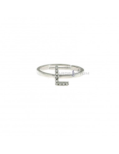 White gold plated adjustable ring with central zircon letter "L" in 925 silver