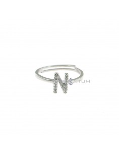 White gold plated adjustable ring with central zircon letter "N" in 925 silver