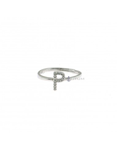 White gold plated adjustable ring with central zircon letter "P" in 925 silver