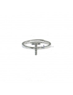 White gold plated adjustable ring with central zircon letter "T" in 925 silver