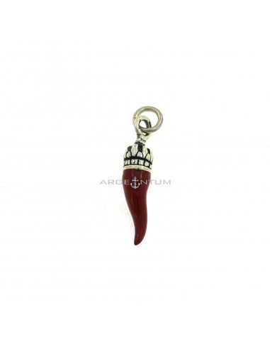 Red enameled horn pendant 7x30 mm with crown in 925 burnished cast silver