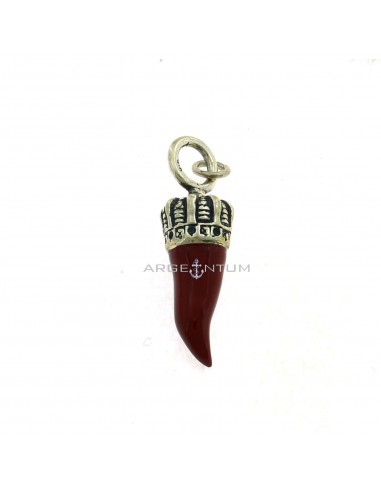 Red enameled horn pendant 13x41 mm with crown in 925 burnished cast silver