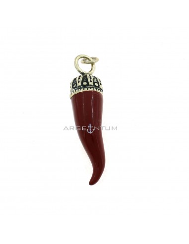 Red enameled horn pendant 14x57 mm with crown in 925 burnished cast silver