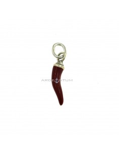 Red enameled horn pendant 5x24 mm with crown in 925 white cast silver