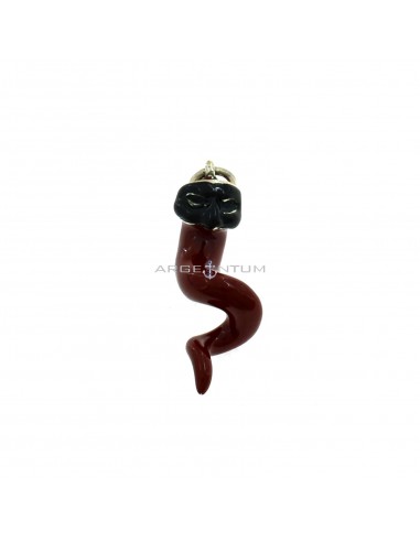 Enamelled horn pendant with pulcinella mask in burnished 925 silver