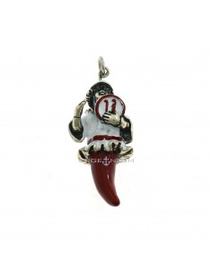 Enamelled horn pendant with pulcinella and number 13 in burnished 925 silver