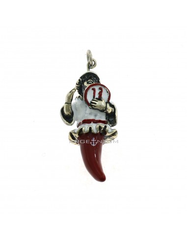 Enamelled horn pendant with pulcinella and number 13 in burnished 925 silver