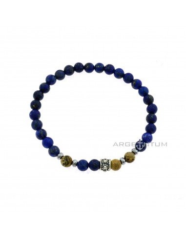 Elastic bracelet with lapis lazuli spheres and faceted hematite washers with central dotted in 925 burnished silver