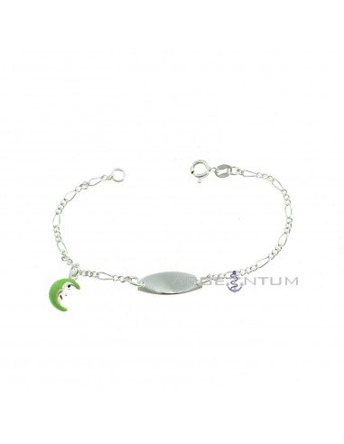 3 1 mesh bracelet with central oval plate and green enamelled pendant moon in 925 silver