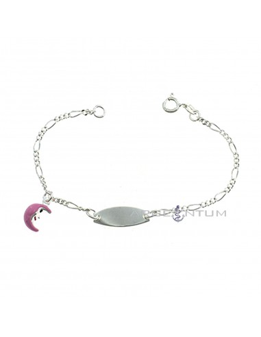 3 1 mesh bracelet with central oval plate and paired pink enameled pendant moon in 925 silver