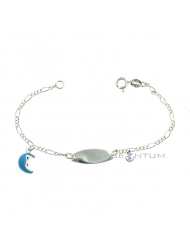 Bracciale maglia 3 1 con targa centrale ovale e luna pendente accoppiata smaltata azzurra in argento 925