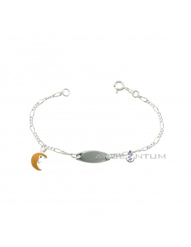 3 1 mesh bracelet with central oval plate and orange enamelled pendant moon in 925 silver