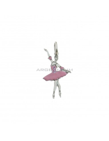 Engraved plate ballerina pendant 16x28 mm pink enamelled white gold plated in 925 silver