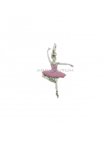 Engraved plate ballerina pendant 18x28 mm pink enamelled white gold plated in 925 silver