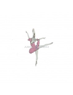 Pink enamel engraved plate ballerina pendant 23x32 mm white gold plated in 925 silver