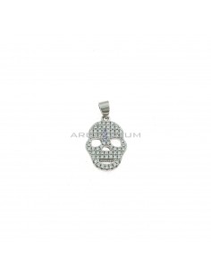 White gold plated white zirconia pave skull pendant in 925 silver