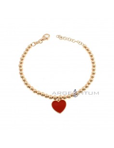 Smooth sphere bracelet 4 mm with central pendant heart red enamelled rose gold plated in 925 silver