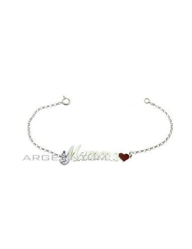 Diamond-coated rolò mesh bracelet with central plate written Mum and red enameled heart white gold plated in 925 silver
