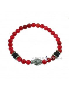 Elastic bracelet with spheres in burgundy agate and satin faceted black onyx with central Buddha head in hematite and burnished 925 silver washers