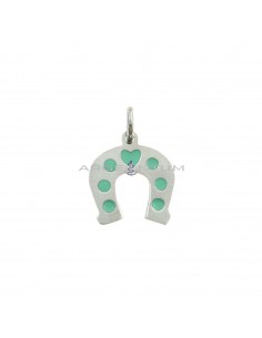 Plate horseshoe pendant with green enamel details white gold plated in 925 silver