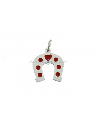 Plate horseshoe pendant with red enamel details white gold plated in 925 silver