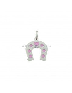 Plate horseshoe pendant with pink enamel details white gold plated in 925 silver